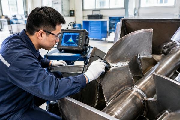 Technician performing non-destructive testing on mixer blade welds in a quality control lab
