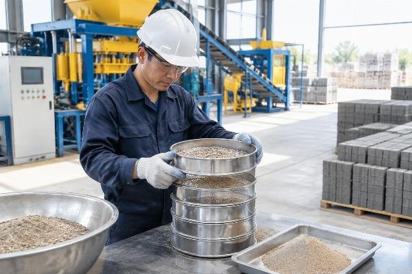 Technician performing sieve analysis on local sand samples for block production