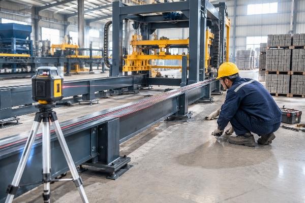 Technician using a laser level to check the flatness of the palletizer main frame rails during installation