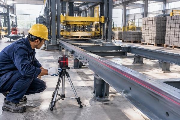 Technician using a laser level to check the flatness of the palletizer main frame rails during installation