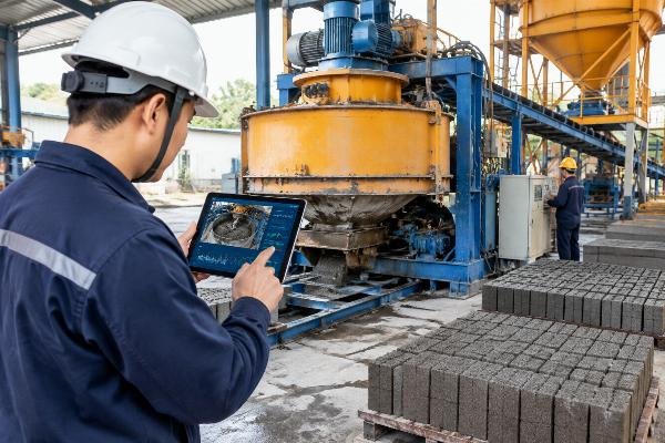 Technician using a tablet to diagnose mixer performance issues remotely