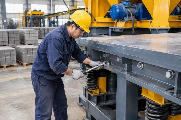Technician using a torque wrench to check bolts on a vibrating table assembly