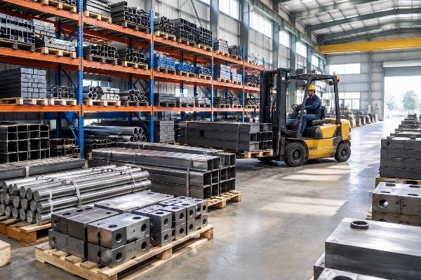 Warehouse interior showing organized storage of certified steel components