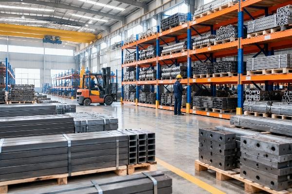 Warehouse interior showing organized storage of certified steel components
