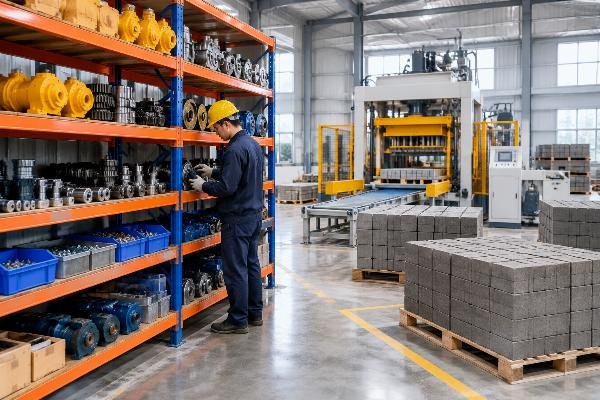 Warehouse shelf showing organized spare parts for standardized block palletizer systems