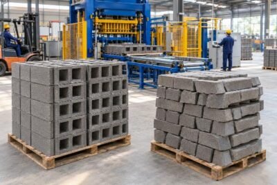 Comparison of stacking patterns for standard hollow blocks versus irregular curbstones on a pallet